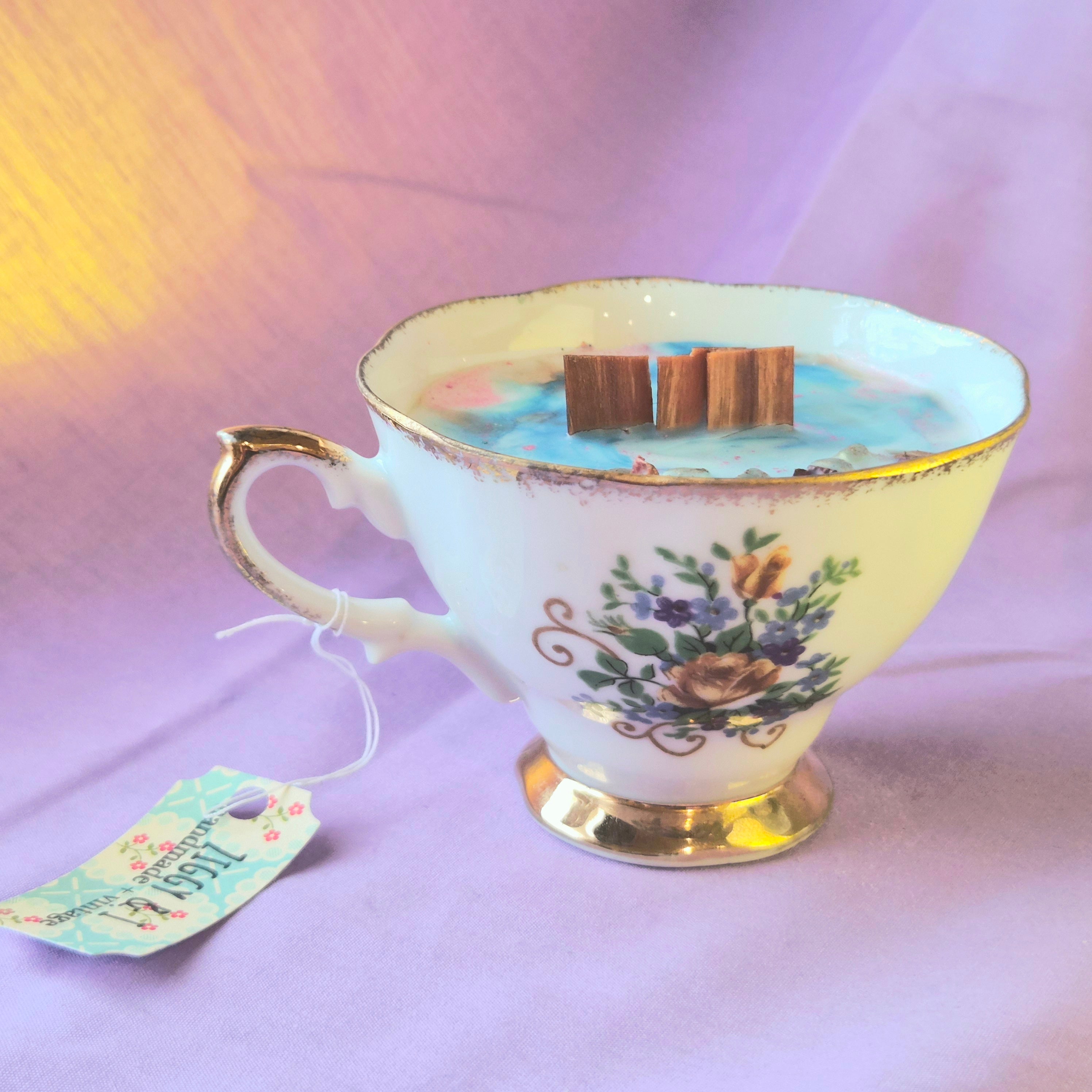 Happy Birthday Saturday Morning Vintage Teacup Candle