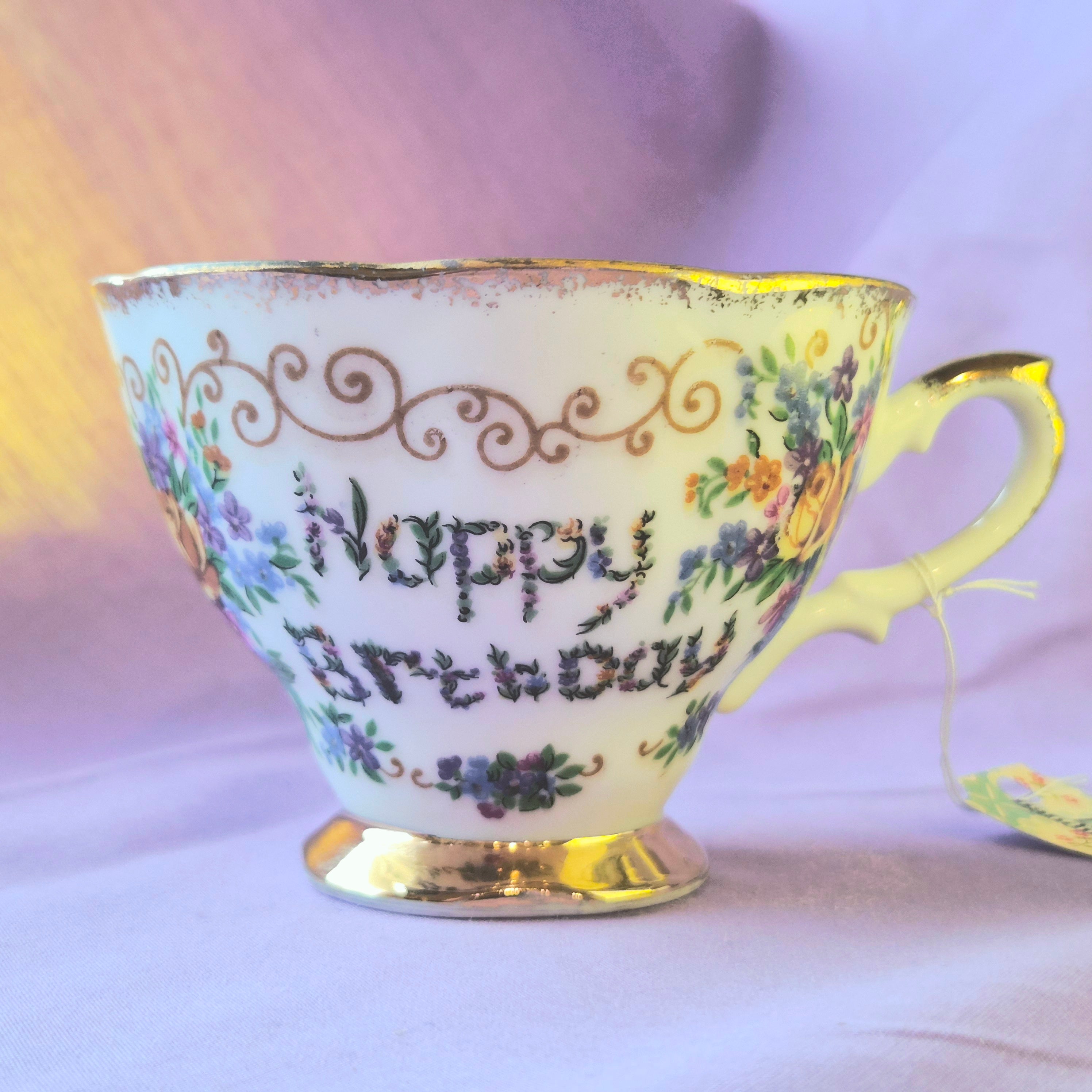 Happy Birthday Saturday Morning Vintage Teacup Candle